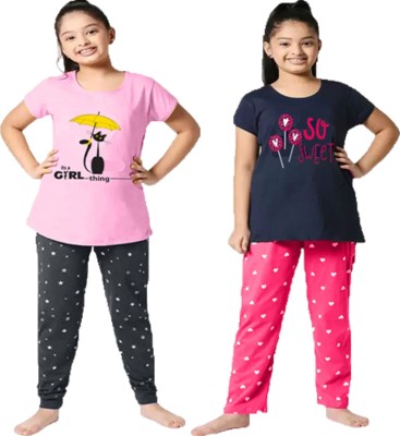 HEYDALS Kids Nightwear Girls Printed Cotton Blend(Multicolor Pack of 2)