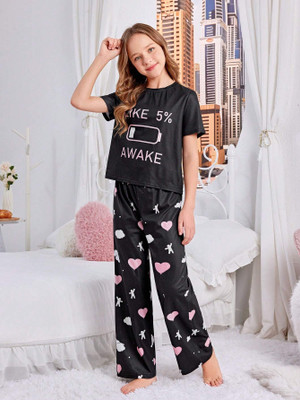 PAGHDAL BROTHERS Kids Nightwear Girls Graphic Print Cotton Blend(Black Pack of 1)
