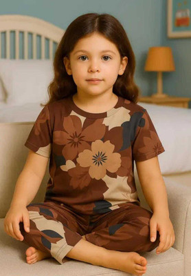 LATEST FASHION STAR Kids Nightwear Girls Printed Cotton Blend(Brown Pack of 1)