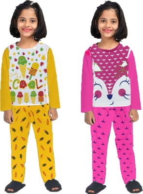 crazyon Kids Nightwear Girls Printed Cotton(Multicolor Pack of 2)
