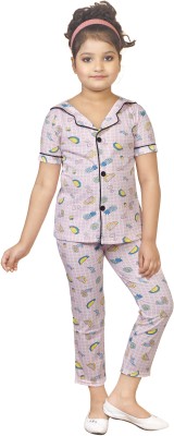 BURBN Kids Nightwear Girls Printed Cotton(Pink Pack of 1)