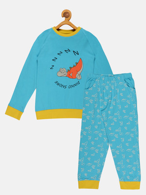 KiddoPanti Kids Nightwear Girls Printed Cotton Blend(Light Blue Pack of 1)
