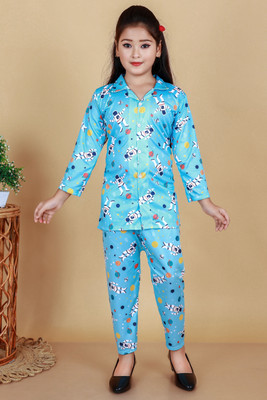 NEWCITIGARMENTS Kids Nightwear Girls Printed Silk Blend(Blue Pack of 1)