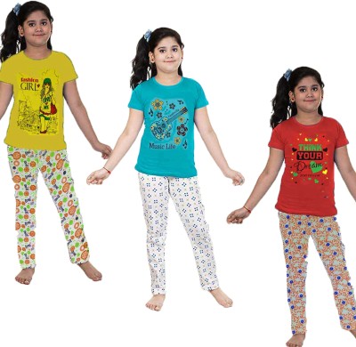 crazyon Kids Nightwear Girls Printed Cotton(Multicolor Pack of 3)