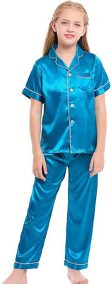 VCD FASHION TREND Kids Nightwear Boys & Girls Solid Pure Satin(Light Blue Pack of 1)