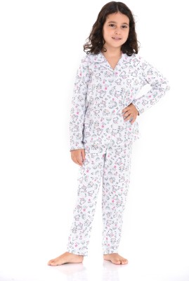 Mackly Kids Nightwear Girls Printed Cotton Blend(Grey Pack of 1)