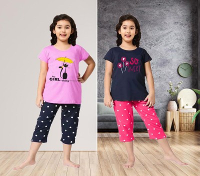 PY PINKYOU Kids Nightwear Girls Printed Cotton(Multicolor Pack of 2)