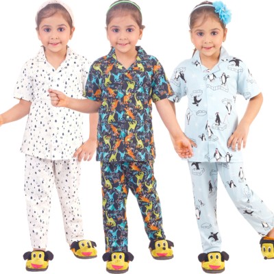 Mimino Kids Nightwear Baby Girls Printed Cotton Blend(Multicolor Pack of 3)