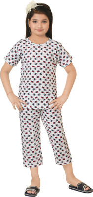 KJD Kids Nightwear Girls Printed Cotton Blend(White Pack of 1)