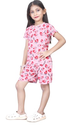 4JSTAR Kids Nightwear Boys & Girls Printed Cotton Blend(Pink Pack of 1)