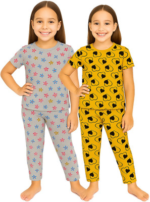 EyeWater Girls Casual T-shirt Pyjama(Grey & Yellow)
