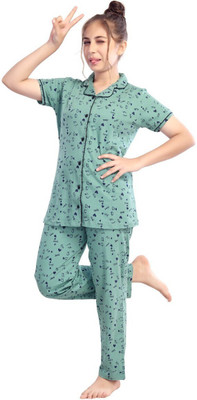 Just4You Kids Nightwear Girls Printed Cotton Blend(Green Pack of 1)