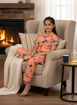 maaesa Kids Nightwear Girls Printed Cotton Blend(Orange Pack of 1)