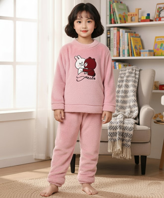 Keenuu Kids Nightwear Boys & Girls Self Design Fleece Blend(Pink Pack of 1)