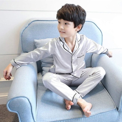 VC FASHION HUB Kids Nightwear Girls Self Design Pure Satin(Grey Pack of 1)