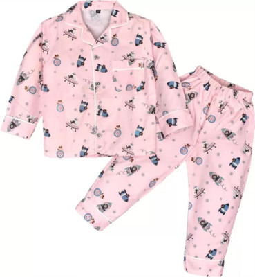Minimates Kids Nightwear Girls Printed Cotton(Pink Pack of 1)