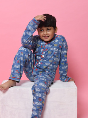 FunKrafts Kids Nightwear Boys & Girls Printed Cotton(Blue Pack of 1)