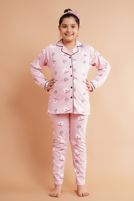 Bloem Kids Nightwear Girls Printed Cotton(Pink Pack of 1)