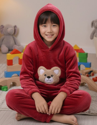 Keenuu Kids Nightwear Boys & Girls Printed Fleece Blend(Red Pack of 1)