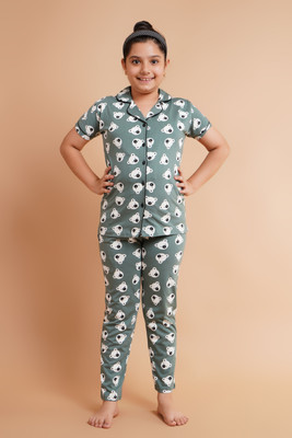 Bloem Kids Nightwear Girls Self Design Cotton(Green Pack of 1)