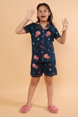 Bloem Kids Nightwear Girls Printed Cotton(Dark Blue Pack of 1)