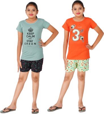 Ctg Kids Nightwear Girls Printed Cotton(Orange Pack of 2)