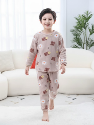 Keenuu Kids Nightwear Boys & Girls Printed Fleece Blend(Brown Pack of 1)