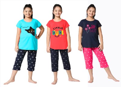 HEYDALS Kids Nightwear Girls Printed Cotton Blend(Multicolor Pack of 3)