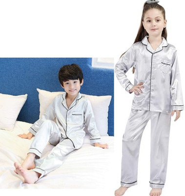 VDC CREATION Kids Nightwear Baby Boys & Baby Girls Solid Pure Satin(Multicolor Pack of 2)