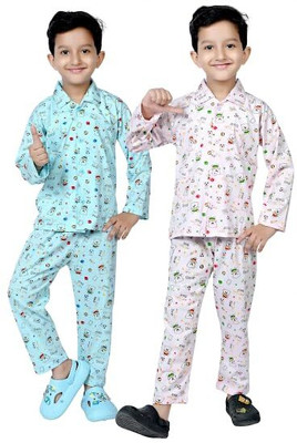Jain Trader Kids Nightwear Boys & Girls Printed Cotton(Blue Pack of 2)