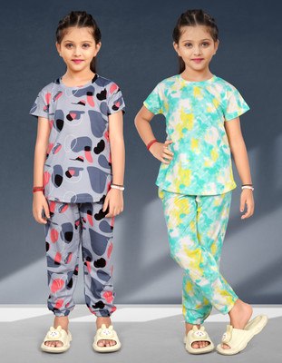 anikaenterprise Kids Nightwear Baby Girls Tie - Dye, Printed Cotton Blend(Multicolor Pack of 2)