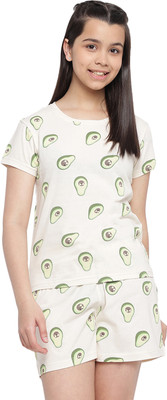 li'l tomatoes Kids Nightwear Girls Graphic Print Cotton Blend(White Pack of 1)