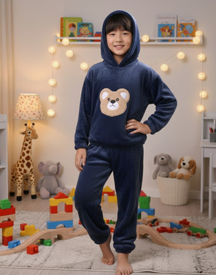 FitIn OutFit Kids Nightwear Boys & Girls Printed Fleece Blend(Dark Blue Pack of 1)