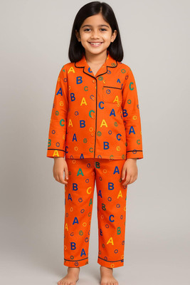 BURBN Kids Nightwear Girls Printed Cotton(Orange Pack of 1)