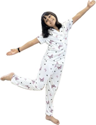 Your Tribe Kids Nightwear Girls Printed Silk Blend(White Pack of 1)