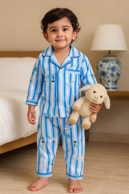 THE LITTLE BUNNY HOP IN STYLE Kids Nightwear Boys & Girls Striped, Printed Cotton(Blue Pack of 1)