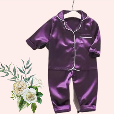 VC FASHION HUB Kids Nightwear Girls Solid Pure Satin(Purple Pack of 1)