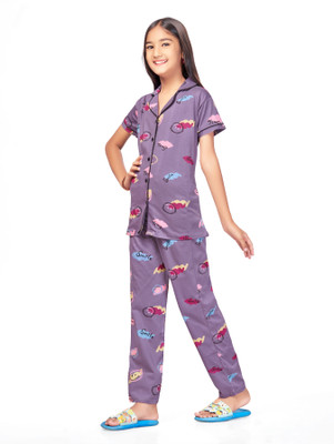 Bloem Kids Nightwear Girls Printed Cotton(Purple Pack of 1)