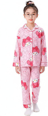 4JSTAR Kids Nightwear Boys & Girls Printed Polyester Blend(Pink Pack of 1)