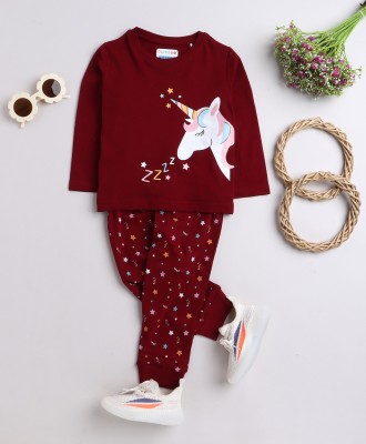 BUMZEE Kids Nightwear Girls Printed Fleece Blend(Maroon Pack of 1)