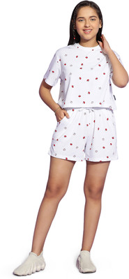 li'l tomatoes Kids Nightwear Girls Graphic Print Cotton Blend(White Pack of 1)