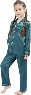 VCD FASHION HUB Kids Nightwear Boys & Girls Solid Pure Satin(Dark Green Pack of 1)