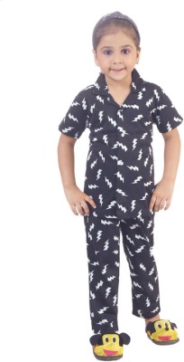 Mimino Kids Nightwear Baby Girls Printed Cotton Blend(Black Pack of 2)