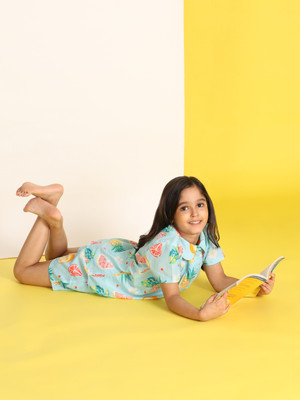 maaesa Kids Nightwear Girls Printed Cotton Blend(Green Pack of 1)