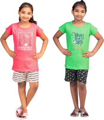 Ctg Kids Nightwear Girls Printed Cotton(Green Pack of 2)