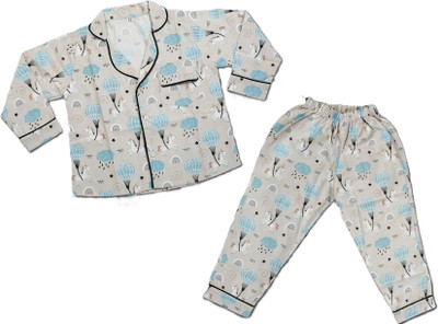 Minimates Kids Nightwear Baby Boys & Baby Girls Printed Cotton(Grey Pack of 1)
