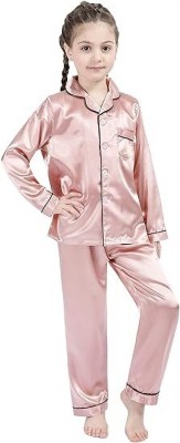 VCD FASHION HUB Kids Nightwear Baby Boys & Baby Girls Self Design Pure Satin(Pink Pack of 1)