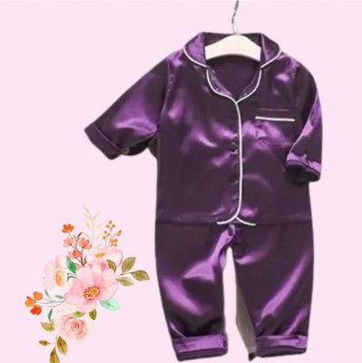 VC FASHION HUB Kids Nightwear Girls Self Design Pure Satin(Purple Pack of 1)