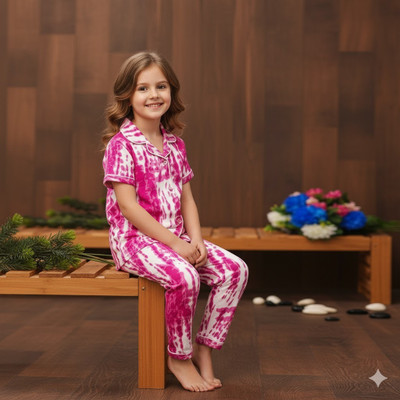 BELADIYA FASHION Kids Nightwear Girls Tie - Dye Silk Blend(Pink Pack of 1)