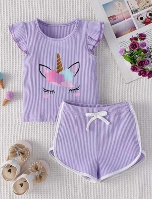 arisfashion Kids Nightwear Girls Printed, Striped Cotton Blend(Purple Pack of 1)